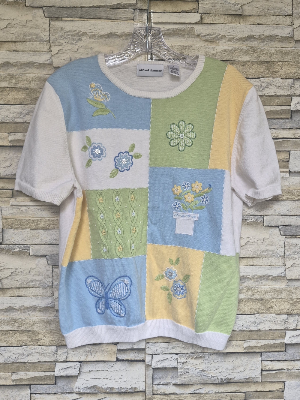 ​Alfred Dunner Sweater Women L Pastel Patchwork Floral Grandmacore Cottagecore